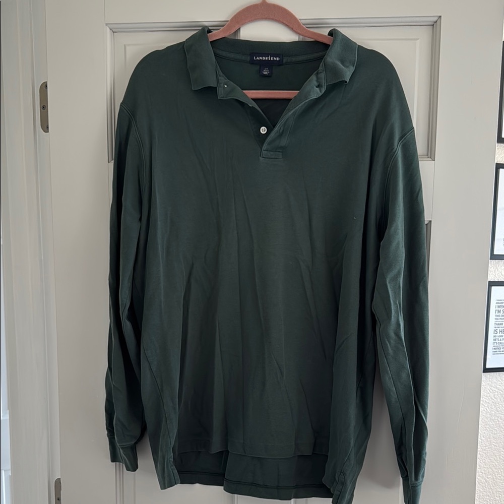 Lands' End Men's Green Long-Sleeve Polo Shirt